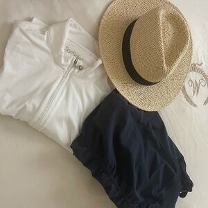 3 piece athletic wear,White Zip-Up Top with Navy Zella capri pant straw hat